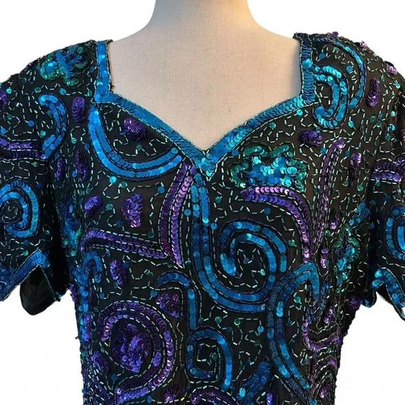 Laurence Kazar Top XL Blue Silk Blouse Sequined Beaded Vintage VTG 80s Scalloped - Picture 4 of 12